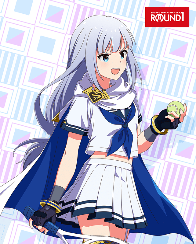 1girl ball blue_eyes bracelet cape card_(medium) emblem english_text fingerless_gloves gloves holding idol_heroes_(idolmaster) idolmaster idolmaster_million_live! idolmaster_million_live!_theater_days jewelry mighty_sailor official_art open_mouth pleated_skirt racket round_one school_uniform shiraishi_tsumugi skirt solo tennis_ball tennis_racket white_hair white_skirt