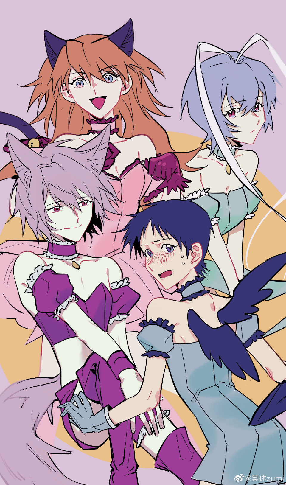 2boys 2girls aizawa_mint animal_ears ayanami_rei bell bird_tail bird_wings blue_collar blue_dress blue_eyes blue_gloves blue_hair blue_wings blush boots breasts cat_ears cat_tail circle closed_mouth collar commentary cosplay crossdressing crossed_legs crossover detached_sleeves double-parted_bangs dress english_commentary floating_hair frilled_collar frilled_sleeves frills from_behind fujiwara_zakuro gloves green_collar green_leotard green_sleeves hair_between_eyes hair_ribbon half-closed_eyes highres ikari_shinji knee_boots leotard long_hair looking_back medium_breasts medium_hair messy_hair mew_ichigo mew_ichigo_(cosplay) mew_lettuce mew_lettuce_(cosplay) mew_mint mew_mint_(cosplay) mew_zakuro mew_zakuro_(cosplay) midorikawa_lettuce momomiya_ichigo multiple_boys multiple_girls nagisa_kaworu name_tag neon_genesis_evangelion nose_blush off-shoulder_dress off_shoulder open_mouth orange_background orange_hair parted_bangs pink_collar pink_dress pleated_dress puffy_short_sleeves puffy_sleeves purple_background purple_boots purple_collar purple_eyes purple_gloves purple_hair purple_skirt purple_sleeves purple_trim purple_tube_top red_eyes ribbon short_hair short_sleeves sitting skirt smile smirk souryuu_asuka_langley split_mouth strapless swept_bangs tail tail_bell tail_ornament tokyo_mew_mew tube_top turning_head two-tone_background unamused white_ribbon wings wolf_ears wolf_tail zumikyuu
