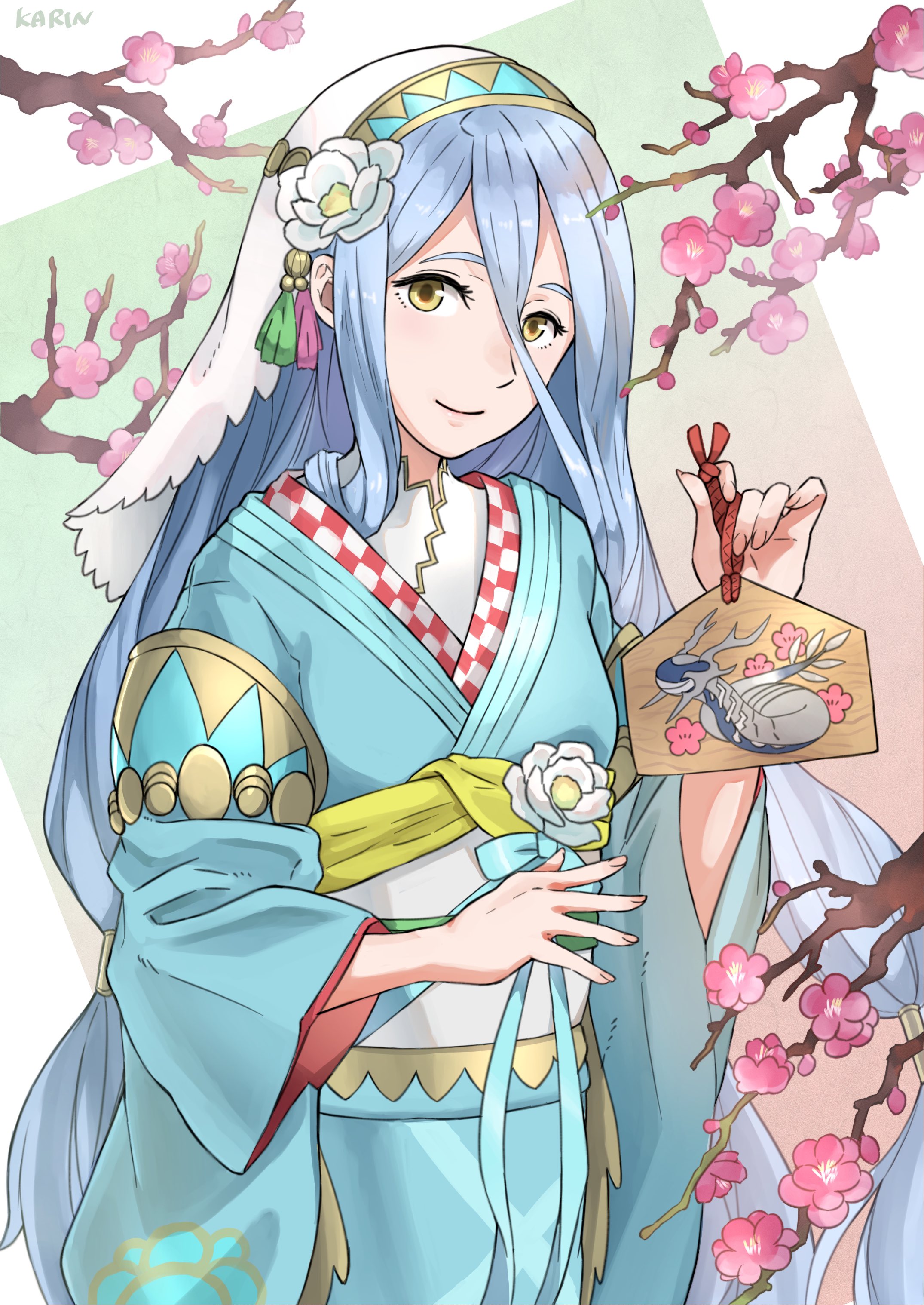 1girl absurdres artist_name azura_(celebratory_spirit)_(fire_emblem) azura_(fire_emblem) blue_hair blue_kimono cherry_blossoms closed_mouth fire_emblem fire_emblem_fates fire_emblem_heroes flower hair_between_eyes highres japanese_clothes karrincorrin kimono long_hair nintendo obi official_alternate_costume pink_flower sash simple_background smile solo veil very_long_hair wide_sleeves yellow_eyes