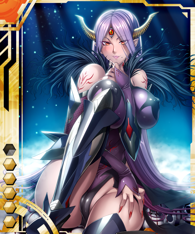 1girl asmodian bare_shoulders between_breasts blood blush breasts cameltoe card_(medium) card_(orange-ur) card_(ur) corruption covered_erect_nipples cyborg demon_girl detached_sleeves elbow_sleeves female_focus fingernails fishnets fuuma_saika highleg highleg_leotard horns impossible_clothes impossible_leotard large_breasts leg_up legs leotard light_beam light_smile lilith-soft lips lipstick long_fingernails long_hair looking_at_viewer makeup mole mole_under_mouth nail_polish nipples no_bra pointy_ears purple_hair red_eyes red_nails revealing_clothes shiny_clothes sitting skull smile solo taimanin_(series) taimanin_asagi taimanin_asagi_battle_arena_all_card_gallery taimanin_asagi_kessen_arena tattoo thighs third_eye very_long_hair zol