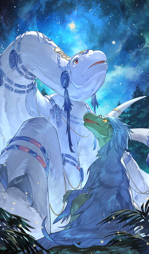 animal_focus blue_feathers blue_sky colored_sclera colored_skin commentary dinosaur diplodocus eyewear_strap fate/grand_order fate_(series) feathers glasses green_skin light_particles looking_up nahui_mictlan_(fate/grand_order) night no_humans official_art open_mouth outdoors pink_eyes raptor round_eyewear sharp_teeth shooting_star size_difference sky star_(sky) starry_sky tapioka_chaso tassel teeth tepeu_(fate) third-party_source tree white_skin xquic_(fate) yellow_sclera