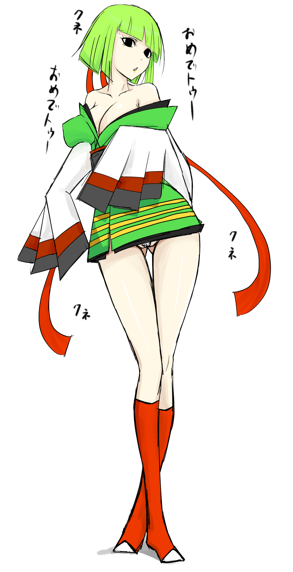 1girl :&lt; bare_shoulders black_eyes bob_cut breasts cleavage costume creatures_(company) emukon female_focus game_freak gen_2_pokemon gender_request genderswap green_hair highres japanese_clothes kimono legs nintendo personification pokemon sexual_dimorphism short_hair solo thigh_gap xatu