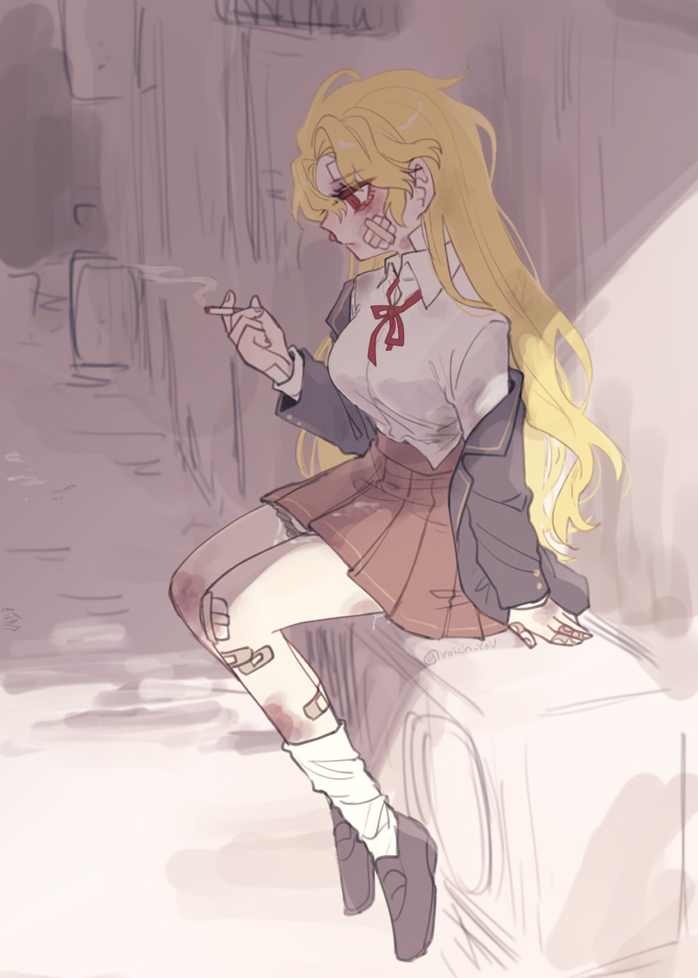 1girl bandaid bandaid_on_cheek bandaid_on_face bandaid_on_hand bandaid_on_knee bandaid_on_leg black_jacket black_panties black_shoes blonde_hair breasts brown_skirt bruise bruise_on_face bruise_on_knee bruise_on_leg bruise_on_neck cigarette closed_mouth cum cum_on_body cum_on_clothes cum_on_legs don_quixote_(project_moon) highres holding holding_cigarette injury jacket kneehighs kneehighs_pull large_breasts limbus_company long_hair open_clothes open_jacket panties panty_pull pmchell_04 project_moon red_eyes red_ribbon ribbon sancho_(project_moon) shirt shoes simple_background sitting sketch skirt slit_pupils smoking socks solo strap_slip underwear unfinished white_shirt white_socks
