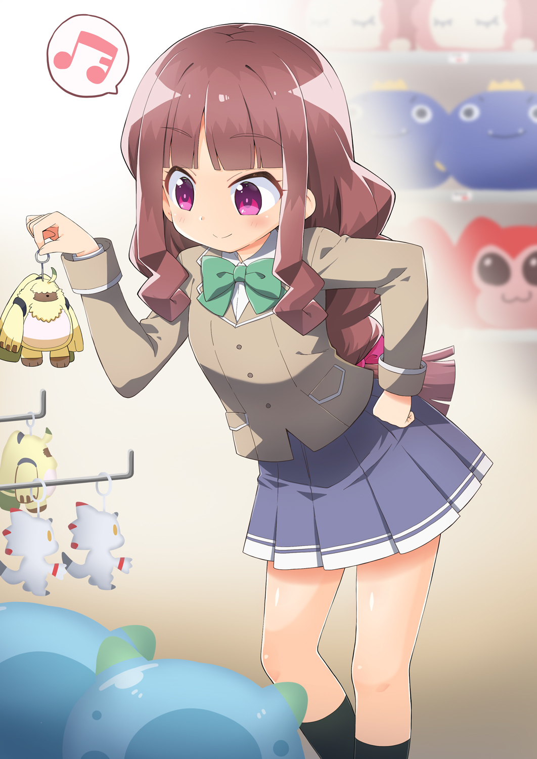 1girl angoramon brown_hair digimon digimon_ghost_game dinosaur gammamon highres jellyfish jellymon long_hair otamamon otamamon_x-antibody picklemon pillomon pink_eyes plaid_clothes plaid_skirt rabbit school_uniform skirt tsukiyono_ruli very_long_hair