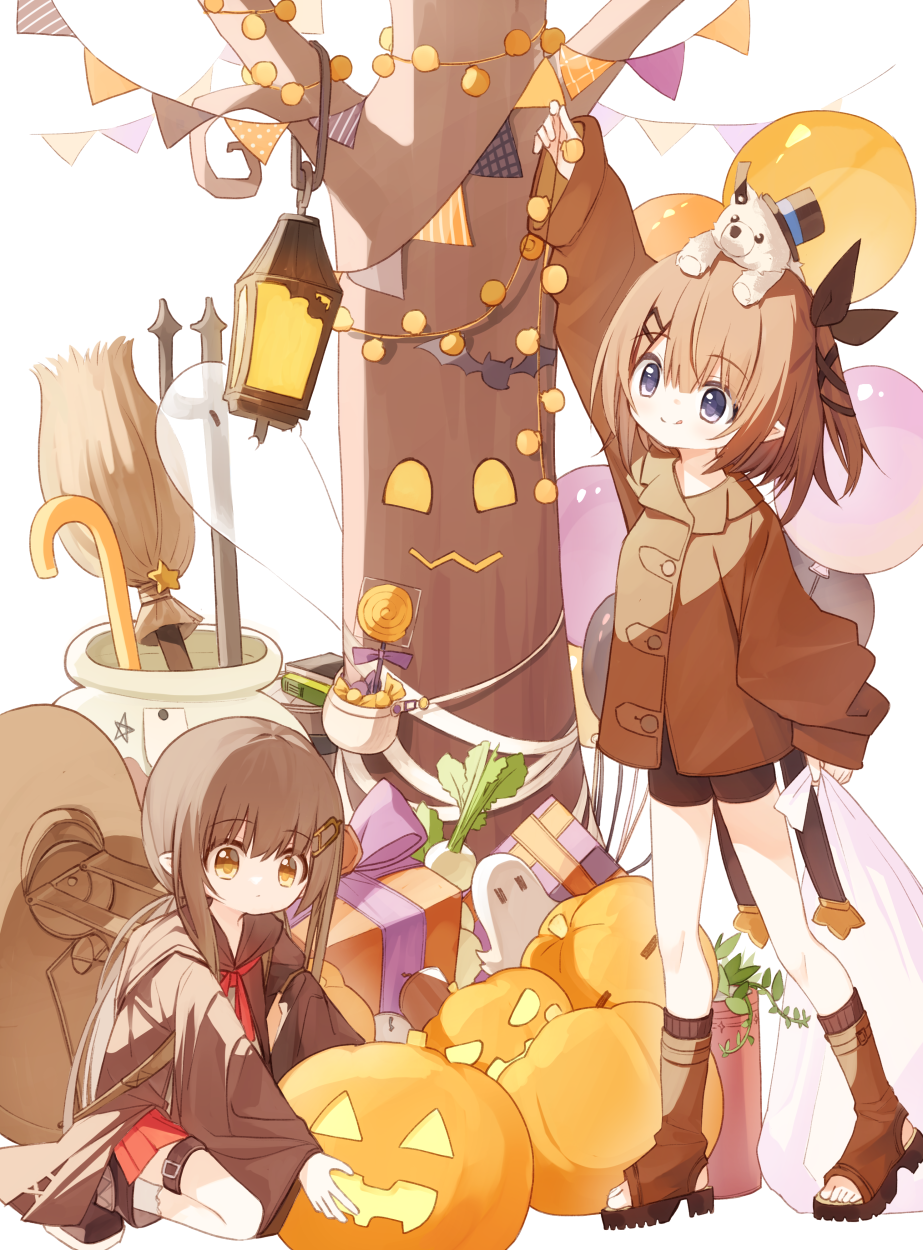 :d arm_up balloon bare_tree black_footwear black_shorts black_socks boots box broom brown_eyes brown_footwear brown_hair brown_jacket candy cauldron closed_mouth commentary_request food ghost gift gift_box hair_ornament hairclip halloween hat highres holding holding_sack jack-o&#039;-lantern jacket lantern lollipop long_hair long_sleeves lucena_winter mini_hat on_head one_side_up open_mouth original pennant pitchfork pleated_skirt pointy_ears puffy_long_sleeves puffy_sleeves red_skirt ribbed_socks sack short_shorts shorts simple_background skirt sleeves_past_wrists smile socks squatting squirrel_girl_(yuuhagi_(amaretto-no-natsu)) standing star_(symbol) stirrup_footwear string_of_flags swirl_lollipop toeless_footwear top_hat tree white_background wide_sleeves yuuhagi_(amaretto-no-natsu)