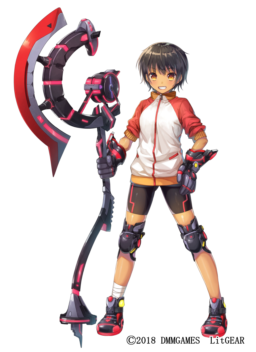 1girl 2018 bad_id bad_pixiv_id bandaged_leg bandages bike_shorts black_boots black_hair black_shorts blush boots brown_eyes character_request commentary_request female_focus grin hair_between_eyes hand_on_own_hip highres holding jacket knee_pads litgear long_sleeves looking_at_viewer nametakenoko official_art power_glove short_shorts shorts simple_background sleeves_pushed_up smile solo standing tan watermark white_background white_jacket