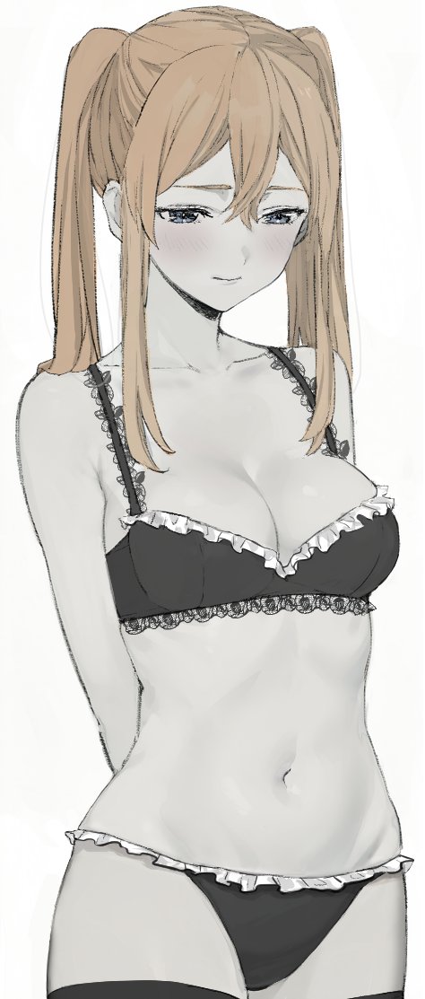 1girl arms_behind_back black_bra black_panties black_thighhighs blonde_hair blue_eyes blush bra breasts cleavage closed_mouth commentary cowboy_shot frills graf_zeppelin_(kancolle) hair_between_eyes kantai_collection lace lace-trimmed_bra lace_trim looking_down medium_breasts navel neju panties partially_colored sidelocks simple_background solo thighhighs twintails underwear underwear_only white_background