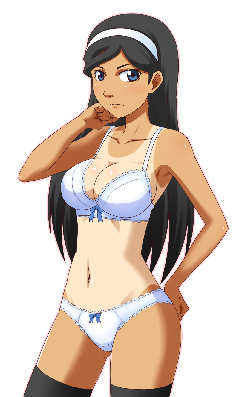 1girl arm_up bare_shoulders black_hair black_thighhighs blue_eyes bow bow_bra bow_panties bra breasts cleavage closed_mouth commentary cowboy_shot gluteal_fold goriate hairband hand_on_own_hip highres kumashiro_maya large_breasts light_frown long_hair looking_at_viewer navel panties seikimatsu_occult_gakuin sideboob simple_background solo straight_hair tan tanline thighhighs thighs underwear underwear_only white_background white_bra white_panties