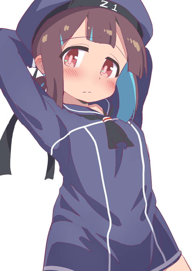 1girl arms_behind_head arms_up ascot black_ascot black_dress blue_hair blunt_bangs blunt_ends brown_eyes brown_hair commentary cosplay dot_nose dress hat hatafuta hozuki_momiji light_blush long_sleeves looking_at_viewer multicolored_hair onii-chan_wa_oshimai! ponytail sailor_dress short_dress short_hair short_ponytail simple_background solo two-tone_hair upper_body white_background z1_leberecht_maass_(kancolle) z1_leberecht_maass_(kancolle)_(cosplay)