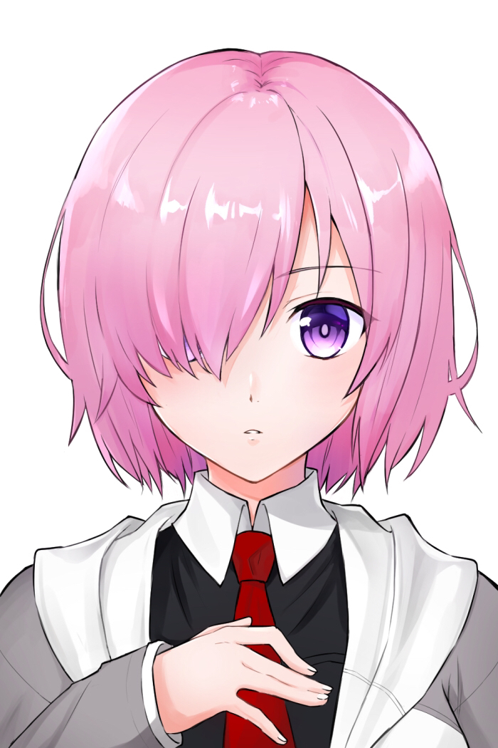 1girl commentary_request fate/grand_order fate_(series) grey_jacket hair_over_one_eye hood hooded_jacket jacket mash_kyrielight medium_hair necktie pink_hair portrait purple_eyes red_necktie sleeves_past_wrists solo torinonest