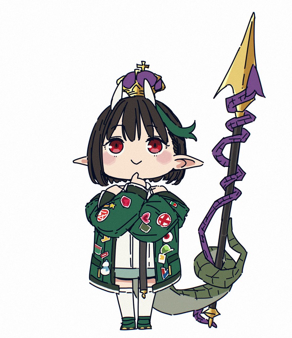 1girl biscione_(fate) biscione_(second_ascension)_(fate) black_hair chibi crown dragon_horns dragon_tail fate/grand_order fate_(series) finger_to_own_chin green_jacket holding holding_polearm holding_weapon horns imigimuru jacket pointy_ears polearm prehensile_tail red_eyes smile spear tail thighhighs weapon white_thighhighs