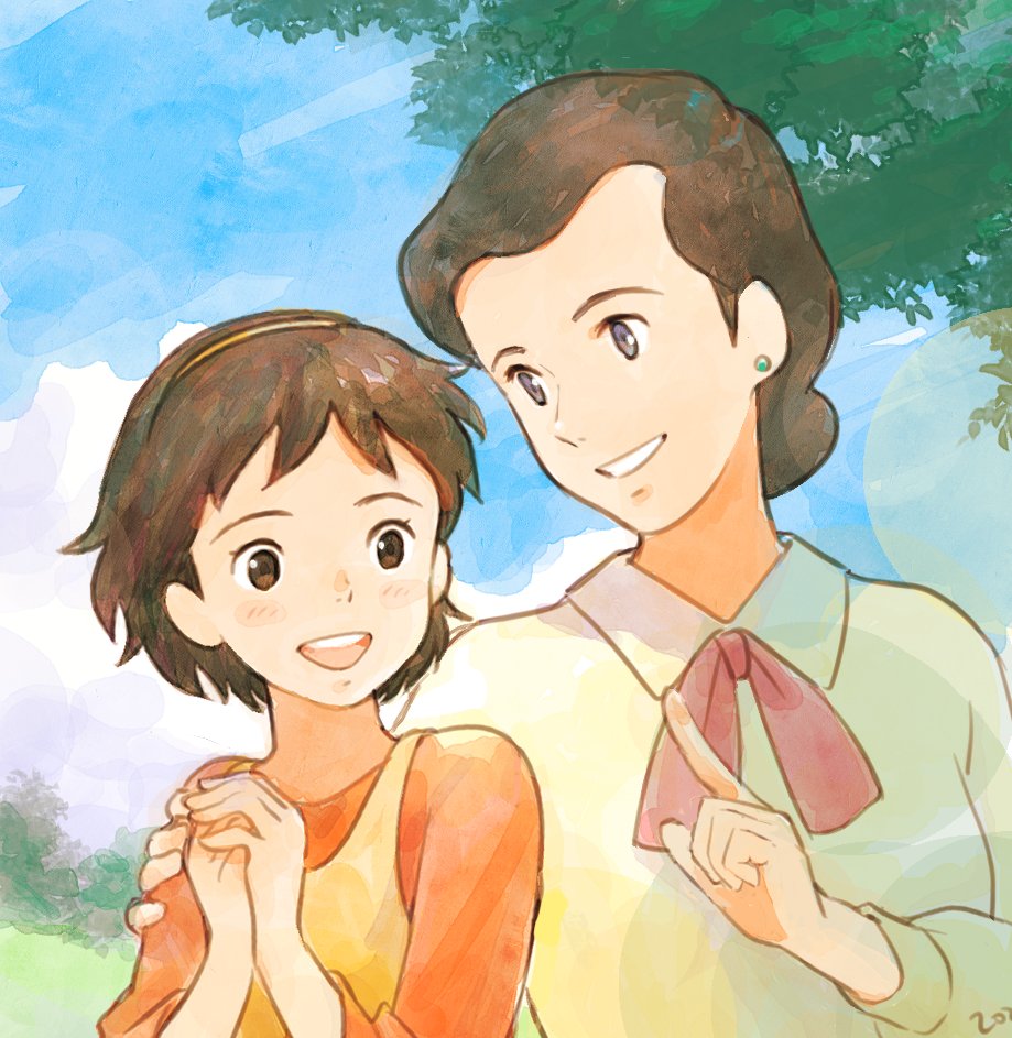2girls :d annie_harding brown_eyes brown_hair cloud earrings jewelry josephine_march multiple_girls open_mouth outdoors ribbon shirt short_hair sky smile tree upper_body wakakusa_monogatari_nan_to_jou_sensei world_masterpiece_theater yume_meisaku