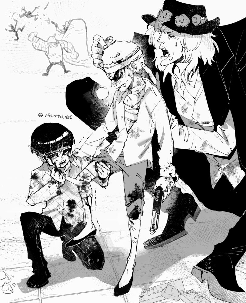 5boys aged_down applying_bandages bandaged_head bandaged_leg bandaged_neck bandages black_hair black_hat black_jacket black_pants blonde_hair blood blood_on_clothes blood_on_face bowl_cut diamante_(one_piece) donquixote_doflamingo gun hat holding holding_gun holding_weapon injury jacket jacket_on_shoulders long_hair male_focus monochrome multiple_boys niemtel456_rino on_one_knee one_piece open_mouth pants pica_(one_piece) shirt short_hair shorts small_sweatdrop standing standing_on_one_leg sunglasses trebol_(one_piece) vergo_(one_piece) weapon white_background white_shirt
