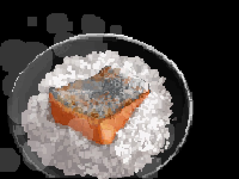 black_background bowl filet fish_(food) food food_focus fried_fish from_above hisachan55cute no_humans original pixel_art rice_bowl salmon scenery simple_background steaming_food
