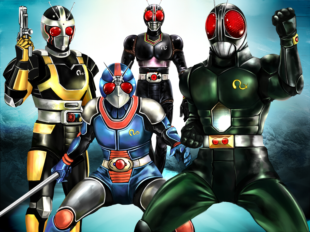 4boys antennae belt biorider gun kamen_rider kamen_rider_black kamen_rider_black_(series) kamen_rider_black_rx kamen_rider_black_rx_(series) kiyoshiu2606mon male_focus masked_rider multiple_boys multiple_persona roborider sei_mon sword weapon