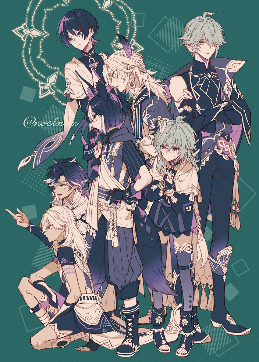 1girl 6+boys ahoge alhaitham_(genshin_impact) animal_ear_fluff animal_ears arm_on_thigh arm_tattoo bandaged_leg bandages belt belt_buckle black_gloves black_hair black_hoodie black_shirt blue_eyes blunt_ends boots braid bridal_gauntlets bright_pupils buckle capelet clenched_hands cloak closed_mouth collei_(genshin_impact) compression_shirt covered_collarbone cyno_(genshin_impact) dark-skinned_male dark_skin drawstring dress earrings eyelashes eyes_visible_through_hair feathers fingernails floating fox_ears fringe_trim furisode gem genshin_impact gloves green_background green_eyes green_hair hair_intakes halo halo_behind_head hand_on_own_arm hand_on_own_chin hand_on_own_hip hands_on_own_chest headphones height_difference high_collar hood hood_down hoodie japanese_clothes jewelry kaveh_(genshin_impact) kimono lace-up_boots levitation limited_palette long_sleeves looking_to_the_side lower_teeth_only mandarin_collar middle_ring multicolored_hair multiple_boys neck_ring noelnnx on_one_knee open-toe_boots open_clothes open_kimono orange_eyes own_hands_together pants parted_bangs parted_lips pointing pointing_to_the_side puffy_pants purple_feathers purple_gloves purple_hair purple_rope rope scaramouche_(genshin_impact) sethos_(genshin_impact) shirt short_hair short_sleeves shoulder_peek spiked_hair streaked_hair striped_sleeves sweatdrop tattoo teeth thigh_belt thigh_strap thighhighs thighlet tighnari_(genshin_impact) toeless_socks toenails toga tsurime twitter_username two-sided_gloves upper_teeth_only usekh_collar wanderer_(genshin_impact) white_hair white_kimono white_pupils white_sleeves