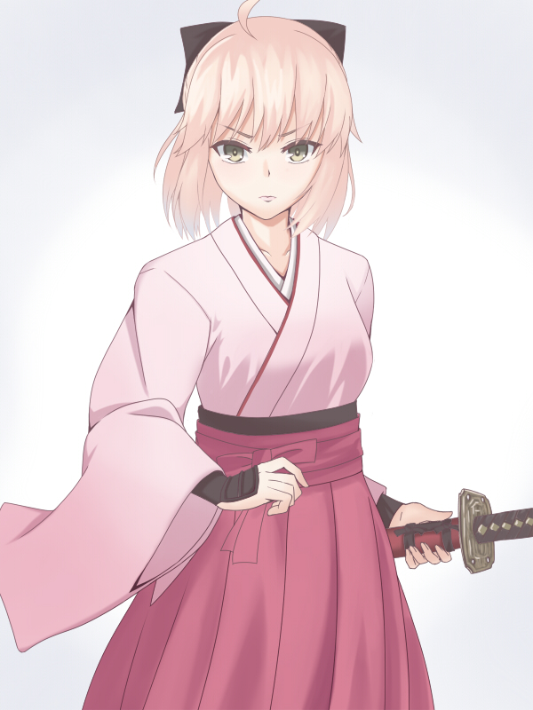 1girl blonde_hair fate/grand_order fate_(series) female_focus hakama hakama_skirt heikichi japanese_clothes katana kimono koha-ace okita_souji_(fate) okita_souji_(koha-ace) serious sheath sheathed skirt solo sword weapon white_background wide_sleeves