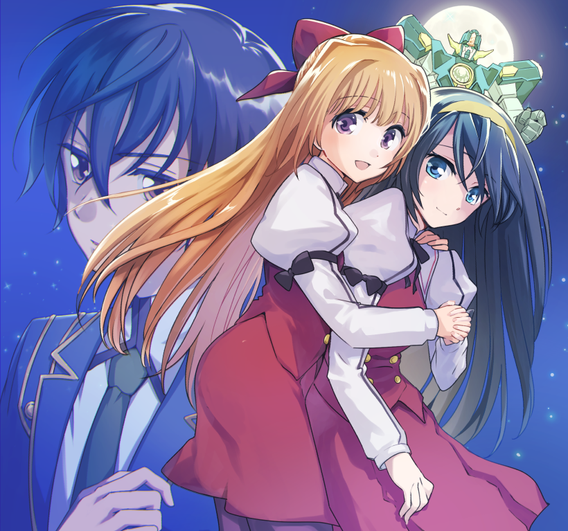 1boy 2girls blue_eyes blue_hair bow closed_mouth couple full_moon hair_bow hairband hand_on_another&#039;s_shoulder himemiya_chikane holding_hands hug hug_from_behind interlocked_fingers juliet_sleeves kannazuki_no_miko kurusugawa_himeko light_brown_hair long_hair long_sleeves mecha moon multiple_girls necktie niina_ryou oogami_souma open_mouth puffy_sleeves purple_eyes red_bow robot school_uniform serious smile straight_hair very_long_hair yuri