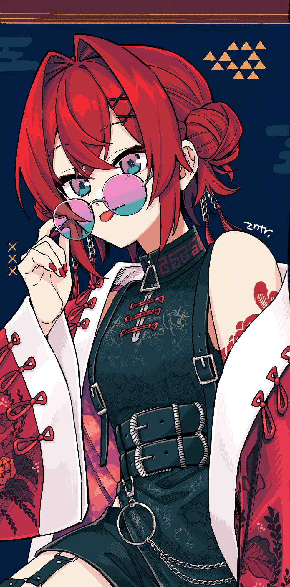 1girl ange_katrina ange_katrina_(7th_costume) belt breasts chain chinese_commentary crossed_bangs fingernails floral_print hair_bun hair_intakes hair_ornament highres long_sleeves matsugi_zuntaro medium_hair multiple_belts nail_polish nijisanji o-ring red_hair red_nails shoulder_tattoo sleeveless small_breasts solo tattoo tinted_eyewear tongue virtual_youtuber wide_sleeves x_hair_ornament