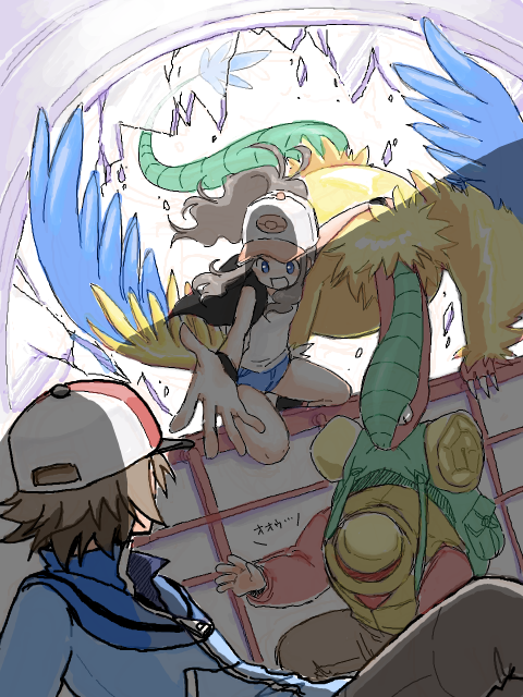 10s 1girl 2boys archeops backpack bag baseball_cap biting breaking brown_hair gen_5_pokemon hat hiker_(pokemon) hilbert_(pokemon) hilda_(pokemon) mariemon multiple_boys nintendo npc_trainer pokemon pokemon_(creature) pokemon_bw ponytail sabakan tegaki