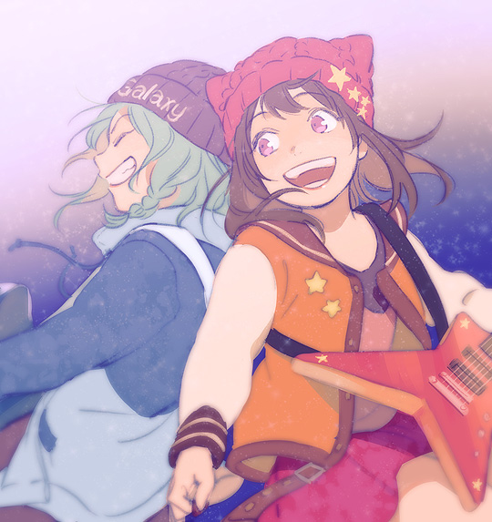2girls :d animal_hat aqua_hair back-to-back bad_id bad_tumblr_id badge bang_dream! beanie black_hat blue_jacket braid brown_hair button_badge cat_hat closed_eyes drawstring electric_guitar grin guitar hat hat_ornament headwear_writing hikawa_hina instrument jacket long_sleeves loveariddle medium_hair multiple_girls music open_mouth pink_skirt playing_instrument plectrum purple_eyes red_hat sailor_collar side_braid skirt smile star_(symbol) star_hat_ornament strap toyama_kasumi