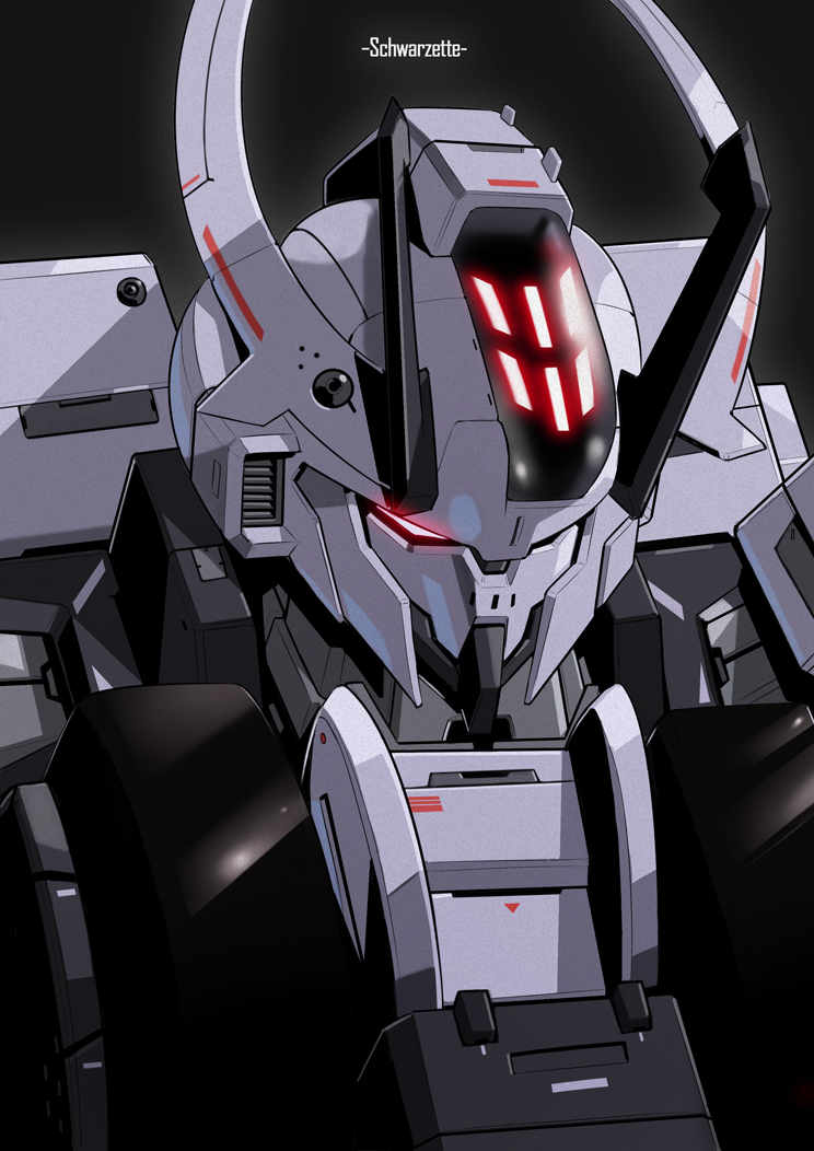 asaba_naoto black_background character_name glowing glowing_eyes gundam gundam_schwarzette gundam_suisei_no_majo horns looking_down mecha no_humans red_eyes robot science_fiction solo