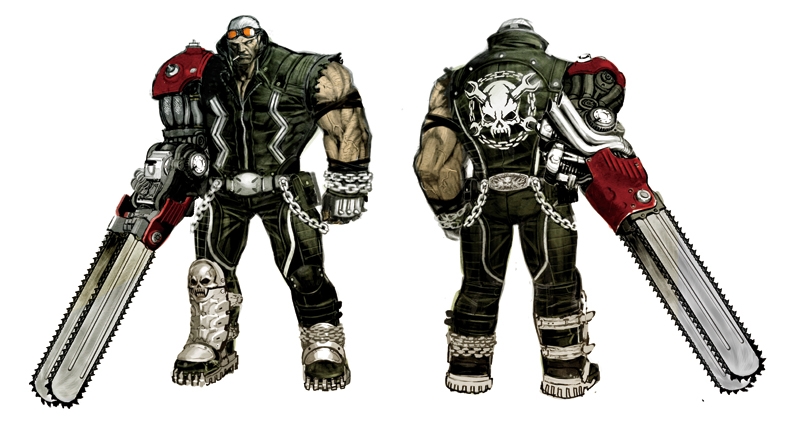 1boy chainsaw concept_art goggles jack_cayman madworld max_anarchy muscular