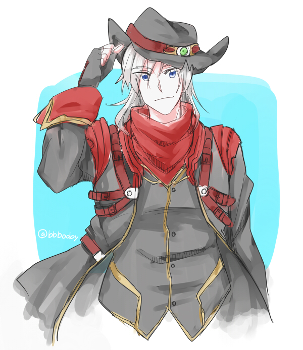 1boy adjusting_clothes adjusting_headwear akimoto_(akimomomoto) bad_id bad_pixiv_id blue_eyes coat fingerless_gloves gloves harken_browning hat light_smile male_focus solo super_robot_wars super_robot_wars_og_saga_mugen_no_frontier twitter_username upper_body white_background white_hair