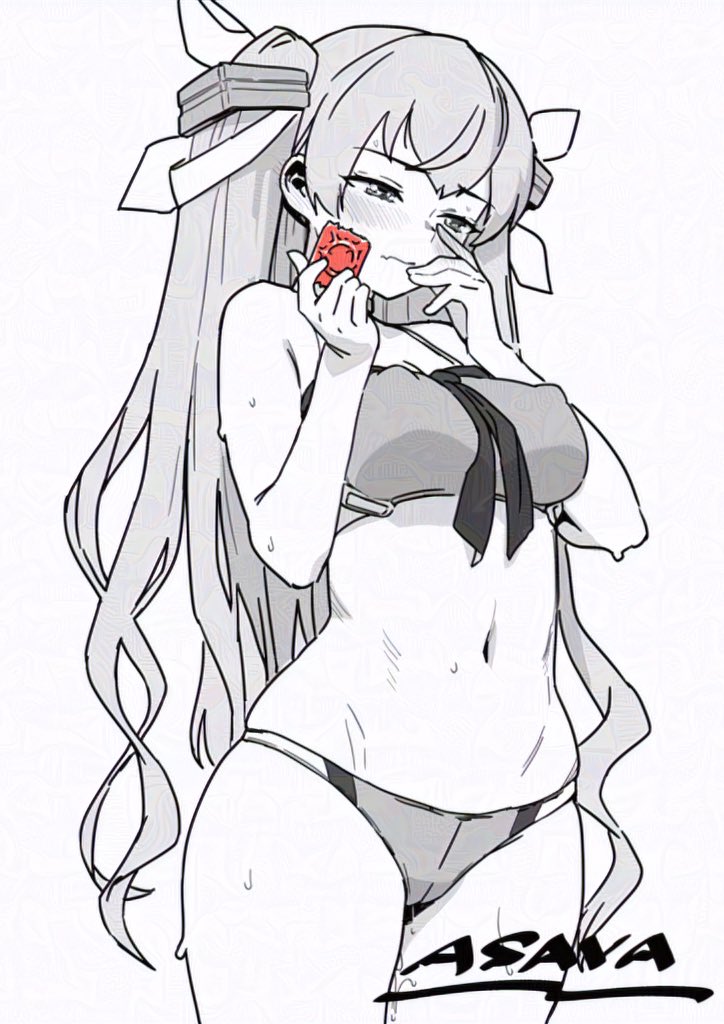1girl asava_(hutaitenn) bikini breasts commentary_request condom condom_wrapper greyscale headgear holding holding_condom johnston_(kancolle) johnston_kai_(swimsuit)_(kancolle) kantai_collection large_breasts long_hair monochrome neckerchief solo spot_color standing swimsuit two_side_up