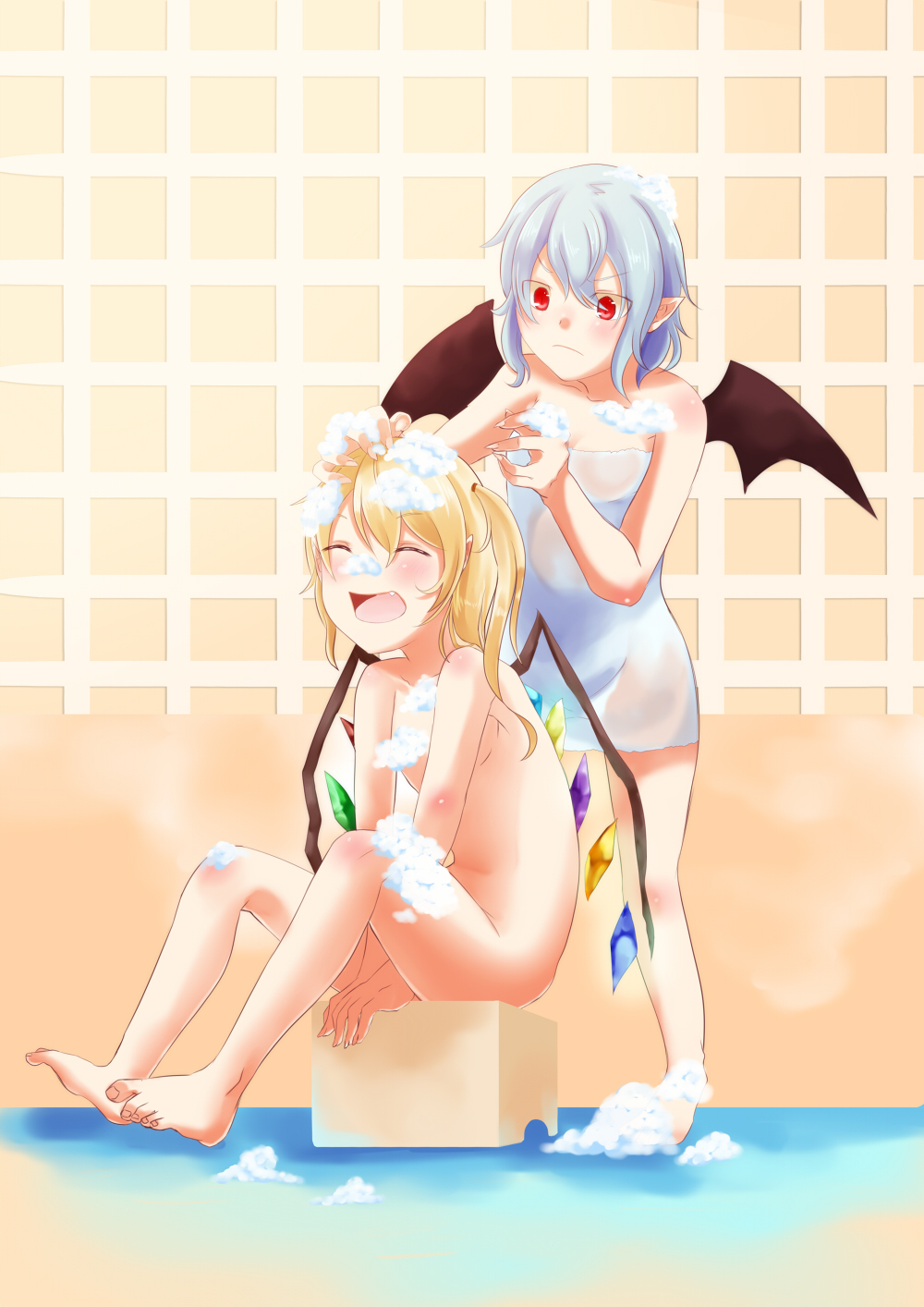 2girls :d ^_^ annoyed armpits bare_shoulders barefoot bat_wings bath_stool bathing between_legs blonde_hair blue_hair blush body_blush closed_eyes convenient_censoring crystal demon_girl fang feet female_focus fingernails flandre_scarlet flat_chest from_side frown full_body hair_tie hand_between_legs hand_on_another&#039;s_head happy highres huleito indoors knees_up light_purple_hair long_fingernails long_hair looking_at_another looking_down mini_wings multiple_girls naked_towel nude one_side_up open_mouth parted_bangs pointy_ears red_eyes remilia_scarlet same-sex_bathing see-through_clothes shared_bathing sharp_fingernails short_hair siblings sisters sitting smile soap_bubbles soap_censor soapy standing stool touhou towel v_arms washing washing_hair wings