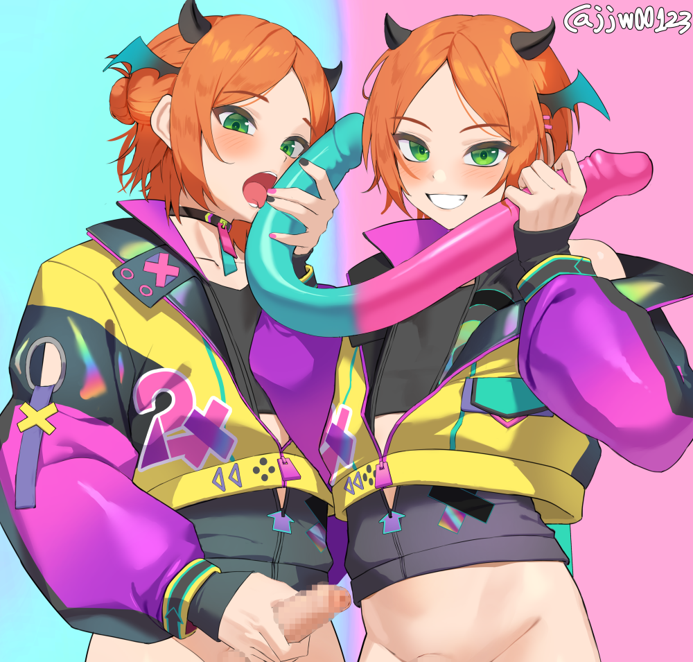 2boys 2wink_(ensemble_stars!) aoi_hinata aoi_yuta artist_name black_choker black_horns black_nails blue_background blush bottomless brothers censored choker commentary dildo double_dildo ensemble_stars! erection fellatio foreskin g1_(jjw00123) green_eyes grin handjob holding holding_sex_toy horns jacket licking licking_dildo long_sleeves male_focus male_masturbation masturbation matching_outfits mosaic_censoring multicolored_jacket multiple_boys nail_polish oral orange_hair paid_reward_available parted_bangs penis pink_background pink_nails purple_jacket sex_toy siblings simulated_fellatio sleeves_past_wrists smile standing tongue tongue_out twins twitter_username two-tone_background upper_body yellow_jacket
