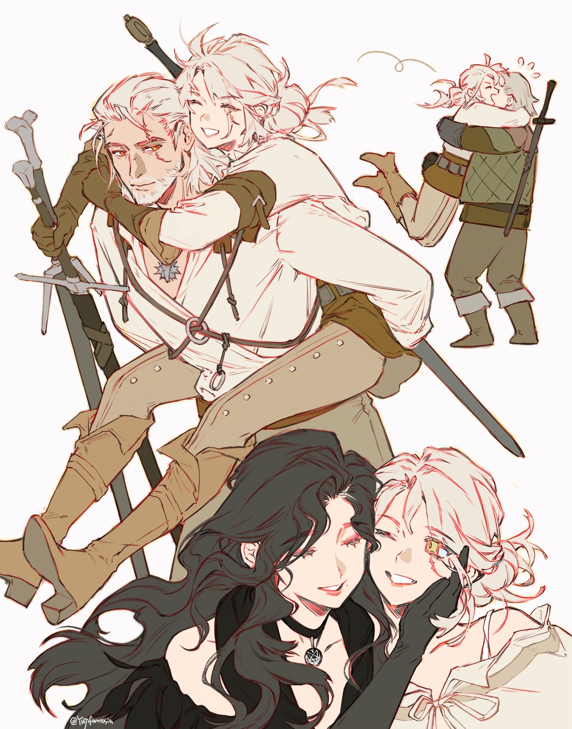2boys 2girls :d black_choker black_hair boots carrying cheek-to-cheek choker ciri father_and_daughter flying_sweatdrops geralt_of_rivia glomp grey_hair grin hand_on_another's_cheek hand_on_another's_face heads_together highres holding holding_sword holding_weapon hug long_hair looking_at_another medium_hair multiple_boys multiple_girls multiple_views open_mouth orange_eyes piggyback ponytail scar scar_across_eye scar_on_face shirt simple_background smile sword sword_on_back the_witcher_(series) twitter_username vesemir_of_kaer_morhen weapon weapon_on_back white_background white_shirt witcher_medallion yellow_eyes yennefer_of_vengerberg yuji_(fantasia)