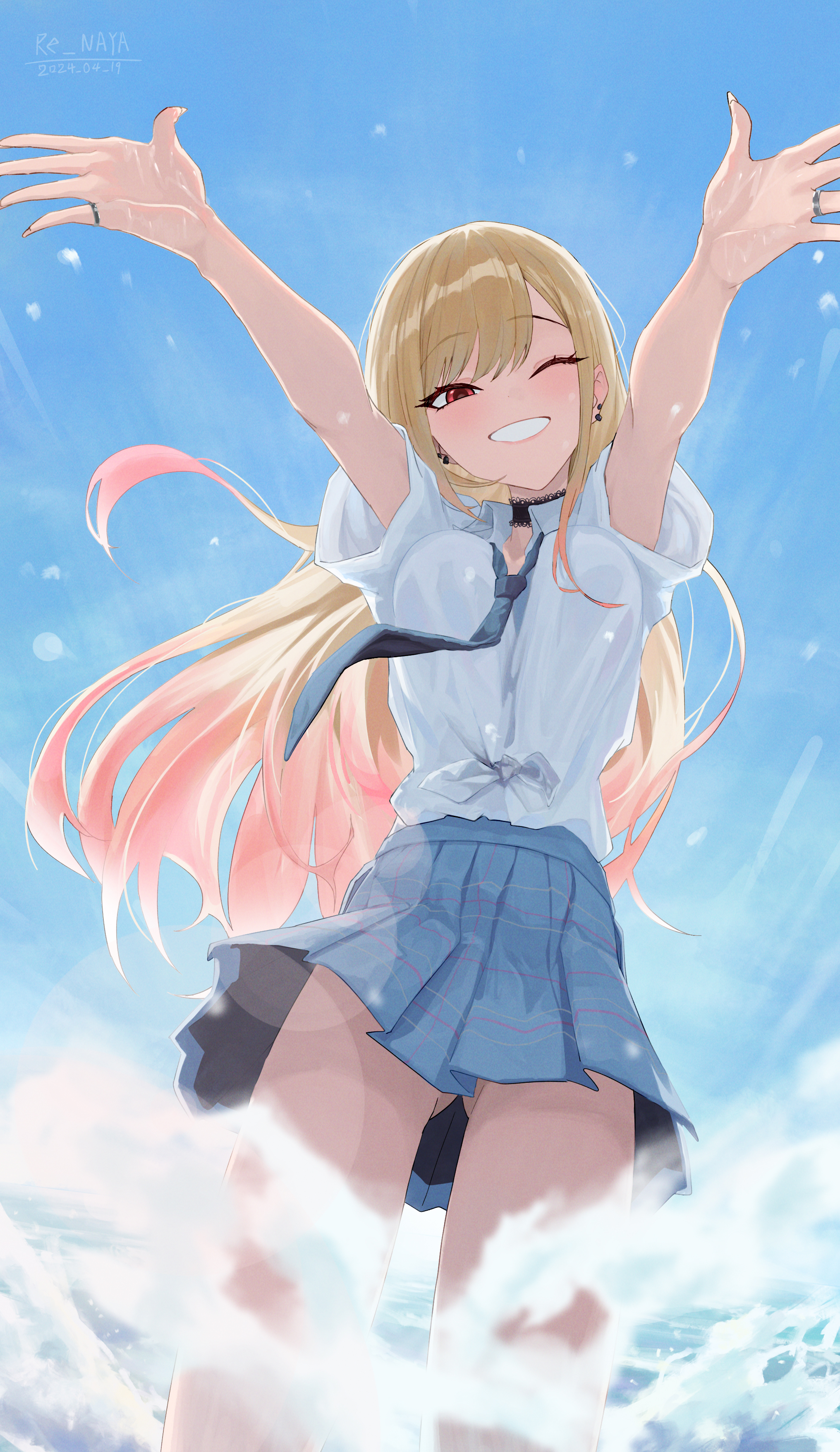 1girl ;d absurdres artist_name black_choker blonde_hair blue_necktie blue_skirt blue_sky blurry blush breasts chinese_commentary choker clothes_lift commentary_request cowboy_shot day depth_of_field earrings eyelashes floating_hair floating_neckwear gluteal_fold gradient_hair grin gyaru hair_between_eyes happy highres jewelry kitagawa_marin lens_flare long_hair looking_at_viewer medium_breasts miniskirt multicolored_hair necktie ocean one_eye_closed open_mouth orange_hair outdoors outstretched_arms outstretched_hand plaid_clothes plaid_skirt pleated_skirt re_naya red_eyes ring school_uniform shirt short_sleeves skirt skirt_lift sky smile solo sono_bisque_doll_wa_koi_wo_suru splashing very_long_hair water white_shirt wind wind_lift