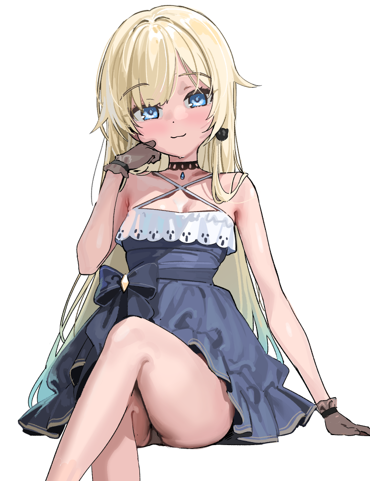 1girl :3 aged_down aizawa_ema aizawa_ema_(1st_costume) arm_support black_dress black_gloves black_panties blonde_hair blue_eyes breasts cat_earrings choker closed_mouth commentary_request criss-cross_halter dress earrings gloves halter_dress halterneck hand_up jewelry kanzarin lace-trimmed_choker lace_trim long_hair looking_at_viewer panties see-through_clothes see-through_gloves simple_background small_breasts smile solo thighs underwear virtual_youtuber vspo! white_background