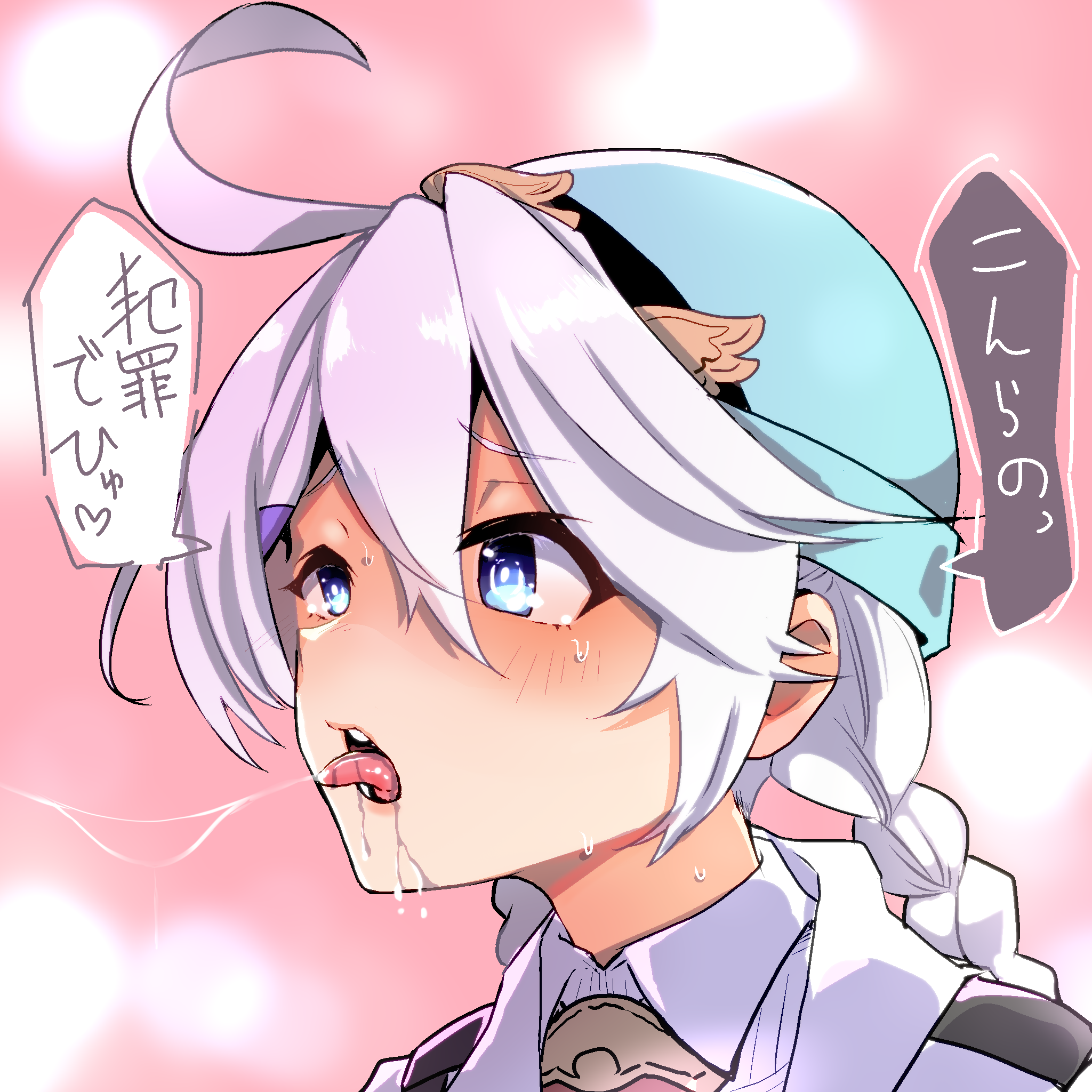 1girl blue_archive blush close-up hat highres japanese_text kirino_(blue_archive) mengnaidu school_uniform solo tongue tongue_out white_hair