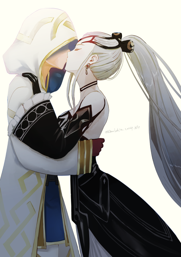 1boy 1girl black_choker black_dress black_gloves black_tiara brown_gloves choker closed_eyes commission commissioner_upload covering_face dress earrings eir_(fire_emblem) fire_emblem fire_emblem_heroes frilled_sleeves frills gloves gold_trim hood hood_up hooded_robe hug jewelry kiran_(fire_emblem) male_kiran_(fire_emblem) kiss long_hair long_sleeves nintendo ponytail robe shoochiku_bai sidelocks skeb_commission tiara white_dress white_hair white_robe