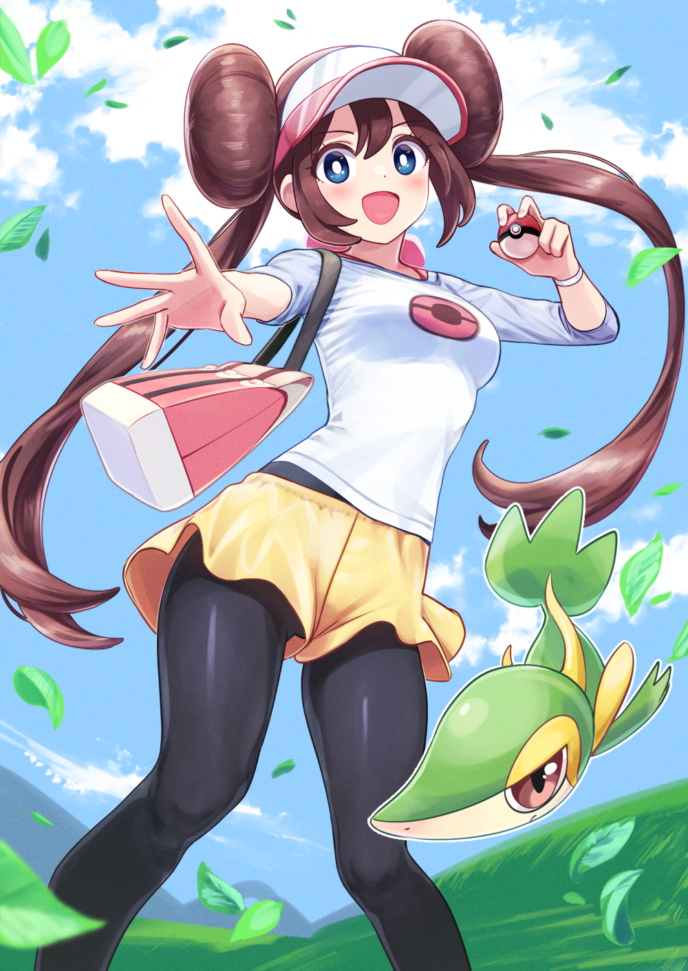 1girl :d bag black_pantyhose blue_eyes blue_sky blush breasts brown_hair cloud deadnooodles double_bun feet_out_of_frame field floating_hair gen_5_pokemon grass hair_bun handbag highres leaf long_hair long_sleeves looking_at_viewer medium_breasts nintendo open_hand open_mouth outdoors outstretched_arm pantyhose pantyhose_under_shorts poke_ball_print pokemon pokemon_bw2 print_shirt raglan_sleeves rosa_(pokemon) shirt shorts sky smile snivy twintails upshorts visor_cap wristband yellow_shorts