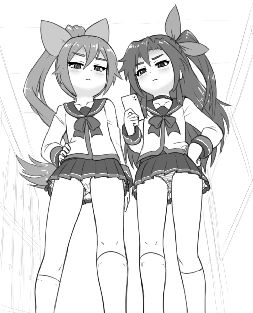 2girls alloyrabbit choker choujigen_taisen_neptune_vs_sega_hard_girls disgust from_below greyscale hair_ribbon highres holding holding_phone if_(neptunia) long_hair monochrome multiple_girls neptune_(series) panties phone pleated_skirt ribbon school_uniform sega_hatsumi serafuku skirt socks underwear white_socks