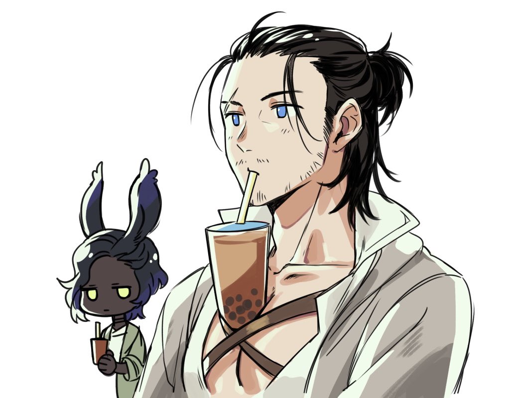 1boy 1girl adventurer_(ff14) beard_stubble between_pectorals breast_envy bubble_tea_challenge chest_harness cup disposable_cup drink drinking drinking_straw erenville expressionless facial_hair final_fantasy final_fantasy_xiv hair_slicked_back harness jitome looking_ahead lowah male_focus mature_male medium_hair mustache_stubble object_on_pectorals pectoral_cleavage pectorals scar scar_across_eye scar_on_face smile solo_focus stubble thick_eyebrows upper_body warrior_of_light_(ff14)