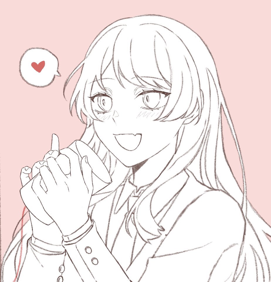 1girl bang_dream! bang_dream!_it&#039;s_mygo!!!!! blush chihaya_anon chinese_commentary commentary_request fang greyscale_with_colored_background haneoka_school_uniform heart jacket long_hair long_sleeves necktie open_mouth pink_background school_uniform simple_background skin_fang solo spoken_heart string_phone upper_body yuyuyang0402