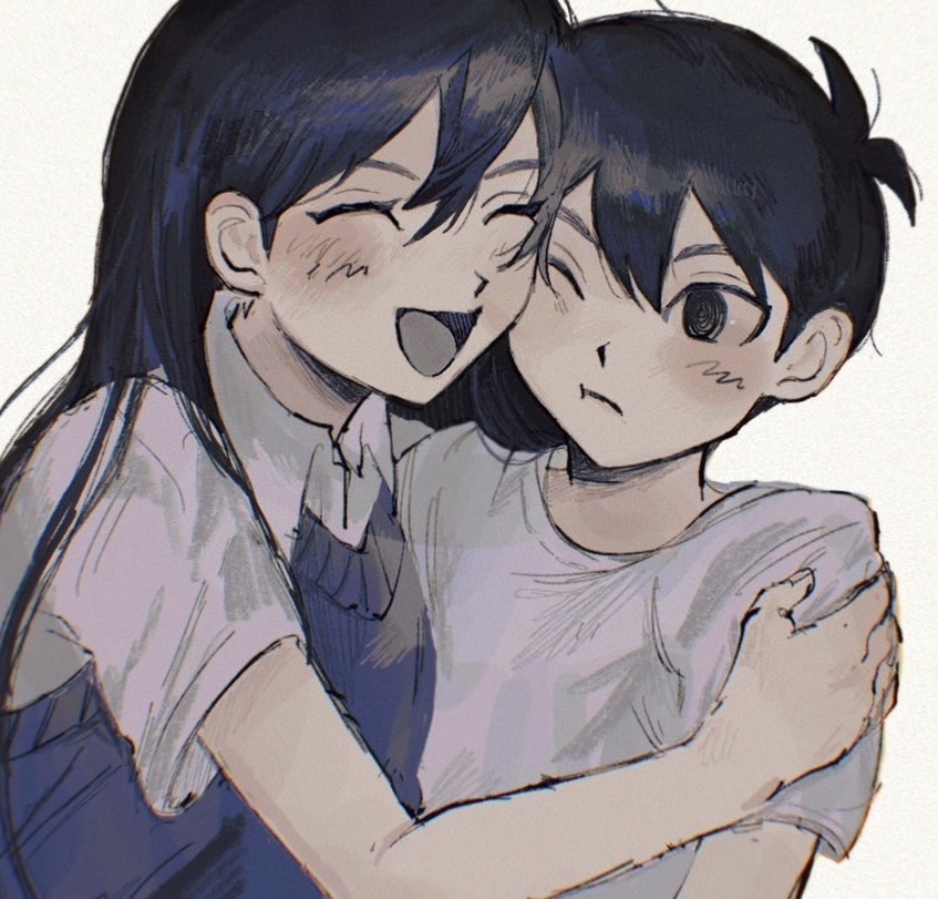 1boy 1girl :t antenna_hair arm_at_side black_eyes black_hair blue_sweater_vest blush brother_and_sister closed_eyes closed_mouth collared_shirt hair_behind_ear hair_between_eyes hand_on_another&#039;s_shoulder long_hair looking_at_another mari_(faraway)_(omori) mari_(omori) no_pupils omori one_eye_closed open_mouth sema_(vivaviva_02) shirt short_hair short_sleeves siblings smile sunny_(omori) sweater_vest upper_body v-shaped_eyebrows white_background white_shirt