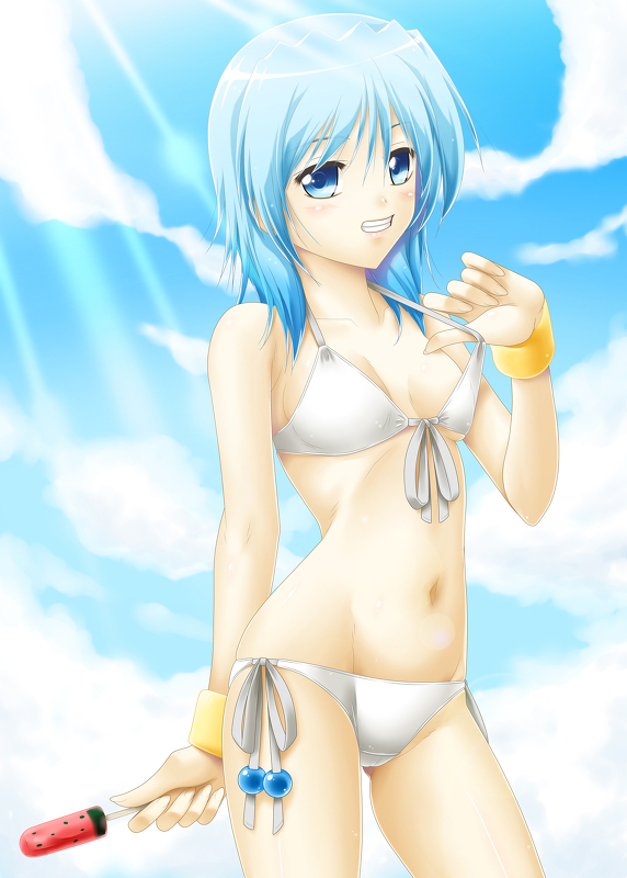 00s 1girl ayato bad_id bad_pixiv_id bikini blue_eyes blue_hair female_focus food grin lyrical_nanoha mahou_shoujo_lyrical_nanoha mahou_shoujo_lyrical_nanoha_strikers matching_hair/eyes navel numbers_(nanoha) outdoors popsicle sein_(nanoha) short_hair sky smile solo swimsuit teeth watermelon_bar