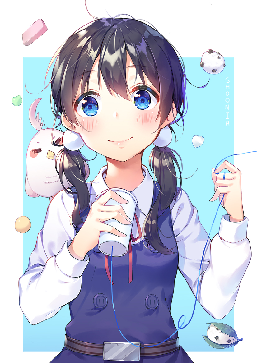 1girl =_= artist_request bird black_hair blue_background blue_dress blue_eyes blush closed_mouth collared_shirt commentary_request cup dera_mochimazzui disposable_cup dress closed_eyes food holding kitashirakawa_tamako long_hair long_sleeves low_twintails mochi neck_ribbon red_ribbon ribbon school_uniform shirt shoonear sleeveless sleeveless_dress smile string_phone tamako_market twintails two-tone_background wagashi white_background white_shirt