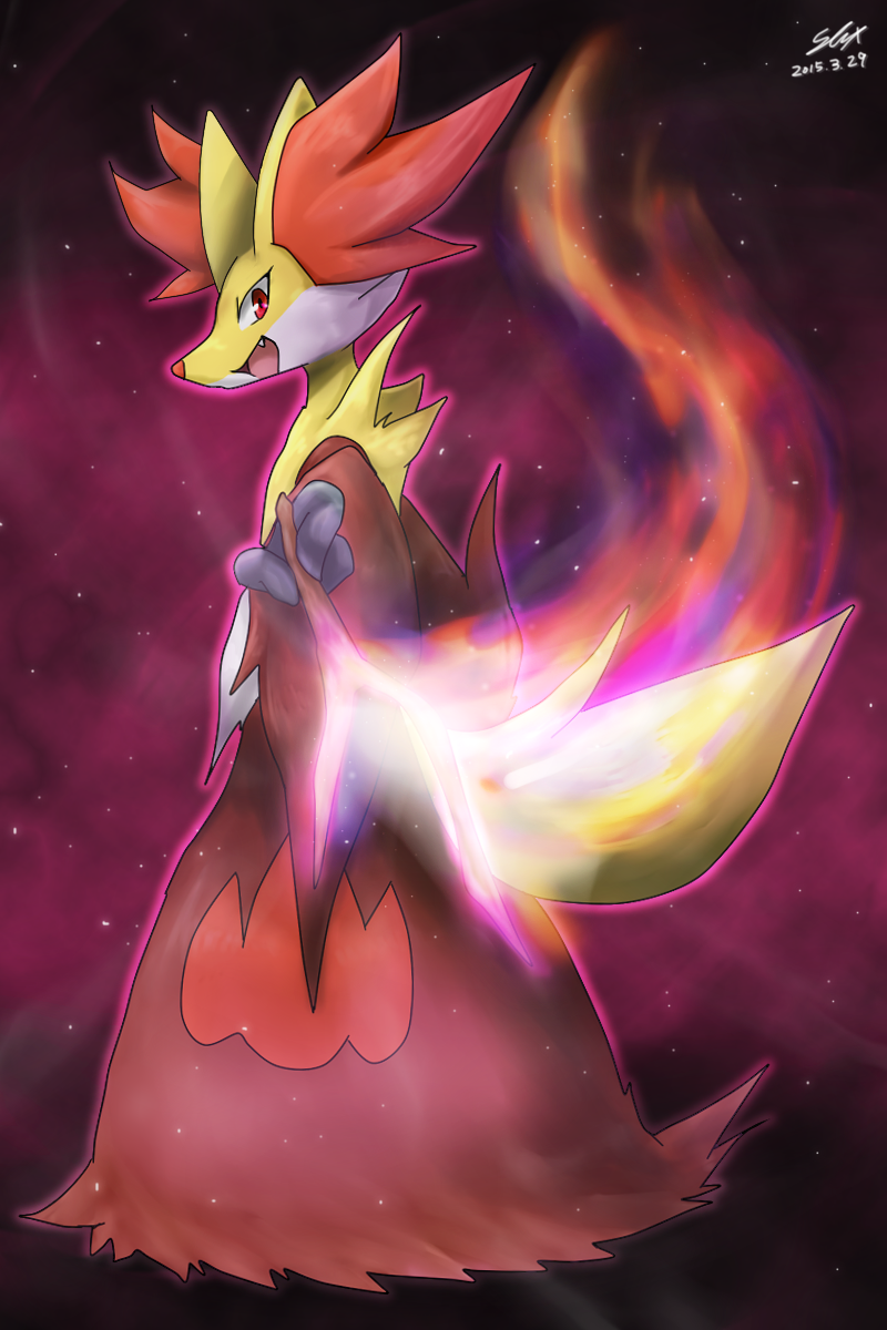 branch burning dated delphox fang fire flaming_weapon gen_6_pokemon highres holding holding_branch holding_weapon light_particles looking_at_viewer mystical_fire_(pokemon) nintendo no_humans pokemon pokemon_(creature) pokemon_move red_eyes shuu_come signature solo standing weapon