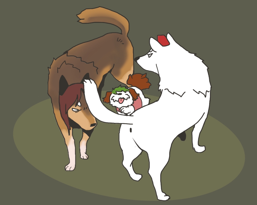 animalization anus brown_hair dog green_hair hat imaizumi_kagerou imaizumi_kagerou_(wolf) inubashiri_momiji inubashiri_momiji_(wolf) kasodani_kyouko kasodani_kyouko_(yamabiko) no_humans onikobe_rin smelling smelling_ass tail tongue touhou wolf