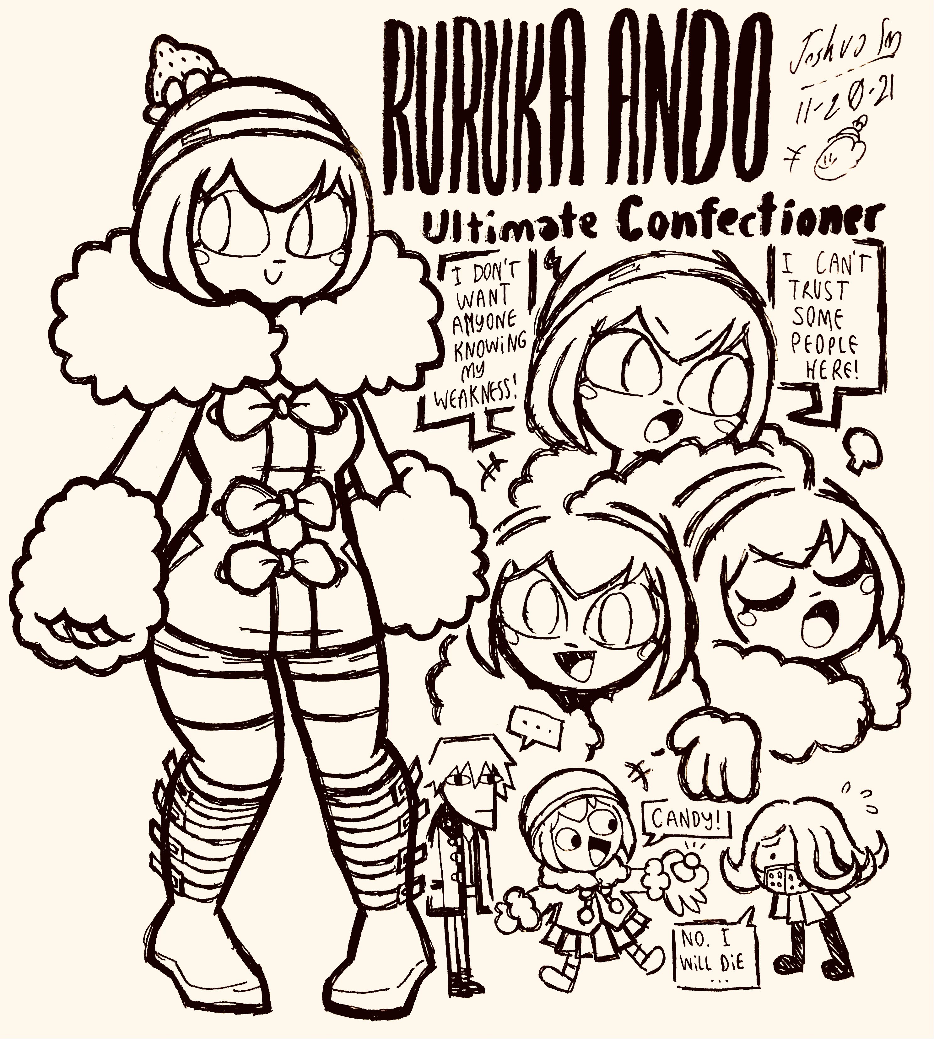 ... 1boy 2girls :> :d absurdres ando_ruruka beanie blush blush_stickers boots bow candy censored character_name closed_eyes coat danganronpa_(series) danganronpa_3_(anime) dated doodle_inset english_text eyelashes flying_sweatdrops food full_body fur-trimmed_coat fur_trim greyscale hat hatching_(texture) highres holding holding_candy holding_food izayoi_sounosuke josh-s26 kimura_seiko mask monochrome mosaic_censoring mouth_mask multiple_girls multiple_views open_mouth puff_of_air short_hair signature simple_background skirt smile speech_bubble spoken_ellipsis standing strawberry_hat_ornament v-shaped_eyebrows white_background