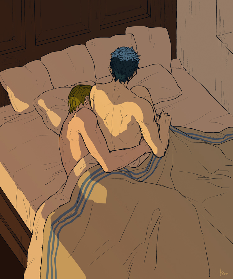 2boys akke artist_name back bed blue_hair fire_emblem fire_emblem_echoes:_shadows_of_valentia forsyth_(fire_emblem) green_hair hug hug_from_behind male_focus multiple_boys nintendo pillow python_(fire_emblem) topless_male yaoi