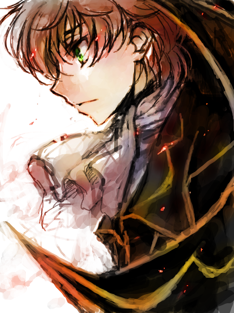 00s 1boy brown_hair c_(rahit) code_geass green_eyes kururugi_suzaku male_focus rahit solo white_background zero_(code_geass)