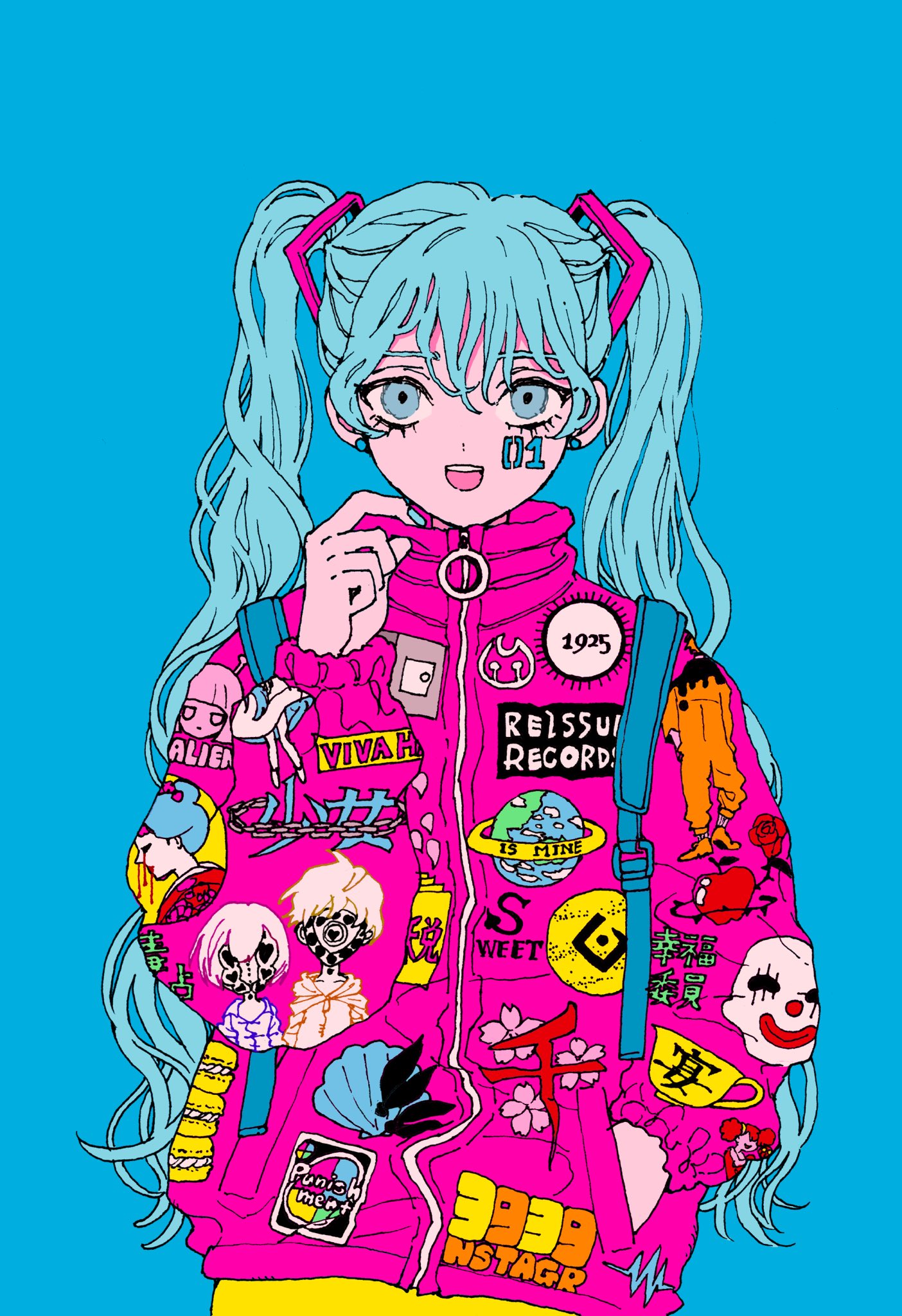 1girl alternate_costume aqua_eyes aqua_hair bad_id bad_twitter_id blue_background cup dddddestroy female_focus hand_in_pocket hatsune_miku highres jacket karakuri_pierrot_(vocaloid) kochira_koufuku_anshin_iinkai_desu_(vocaloid) long_hair long_sleeves looking_at_viewer nisoku_hokou_(vocaloid) open_mouth pink_jacket print_jacket raspberry_monster_(vocaloid) shinkai_shoujo_(vocaloid) simple_background smile solo teacup twintails upper_body vocaloid