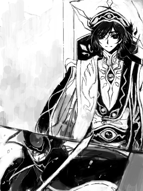 00s 2boys c_(rahit) code_geass greyscale hat kururugi_suzaku lelouch_vi_britannia monochrome multiple_boys rahit smile sword weapon zero_(code_geass)